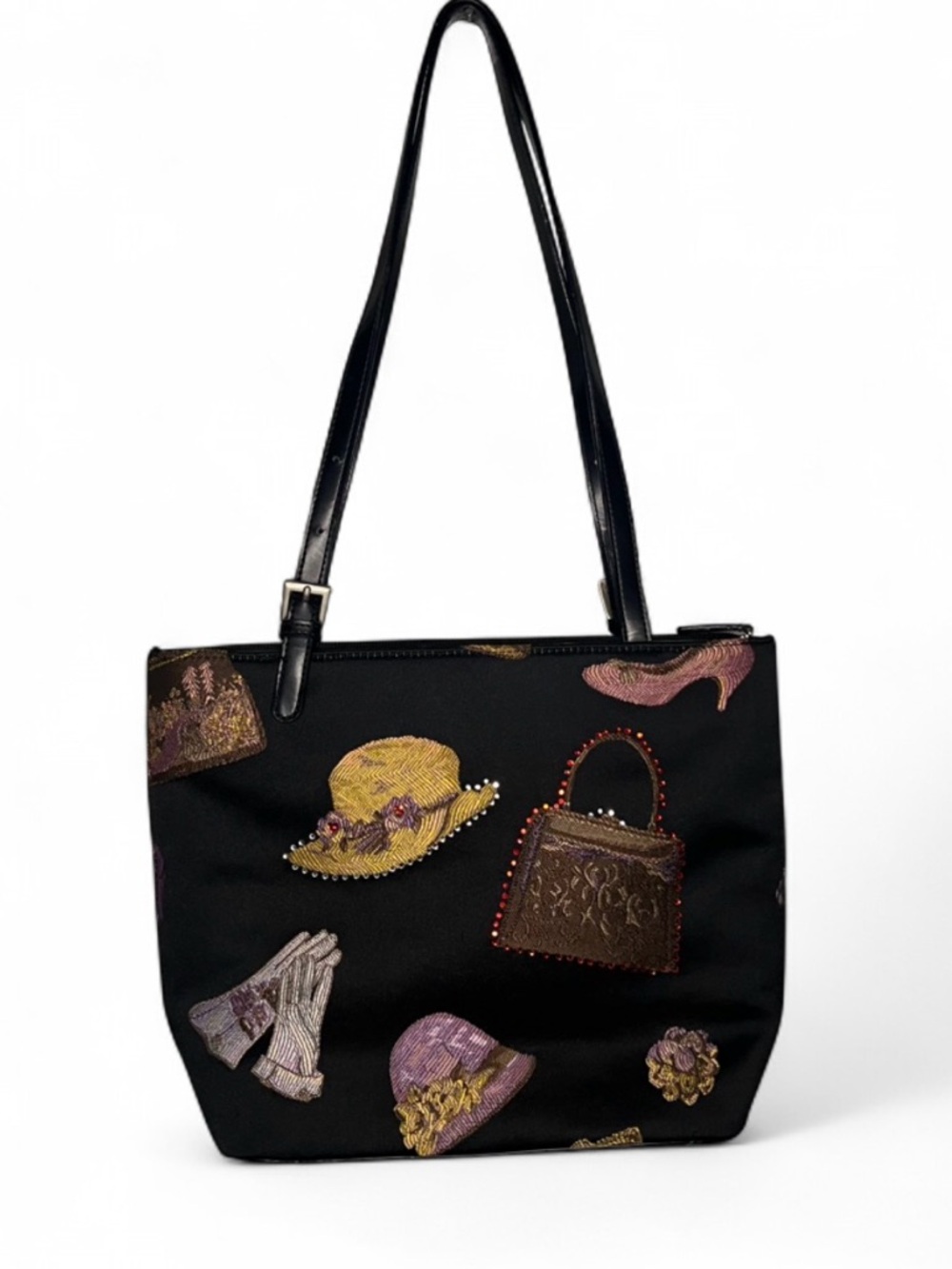 Black Embroidered Beaded Tote Bag‎ Vintage Style Shoulder Purse